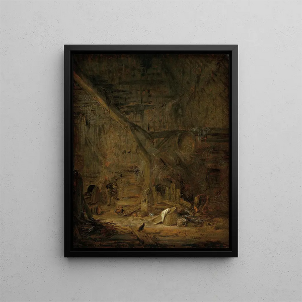 Innenansicht einer Scheune - Adriaen van Ostade — gerahmtes Bild an der Wand