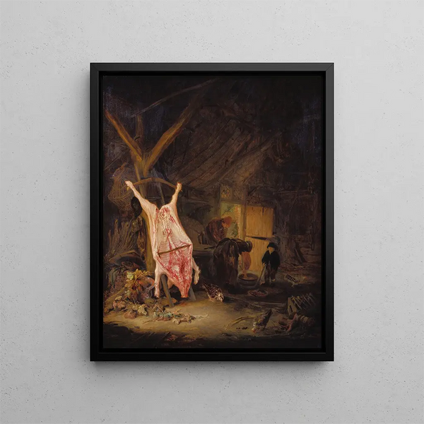 Schwein geschlachtet in einer Scheune - Adriaen van Ostade — gerahmtes Bild an der Wand