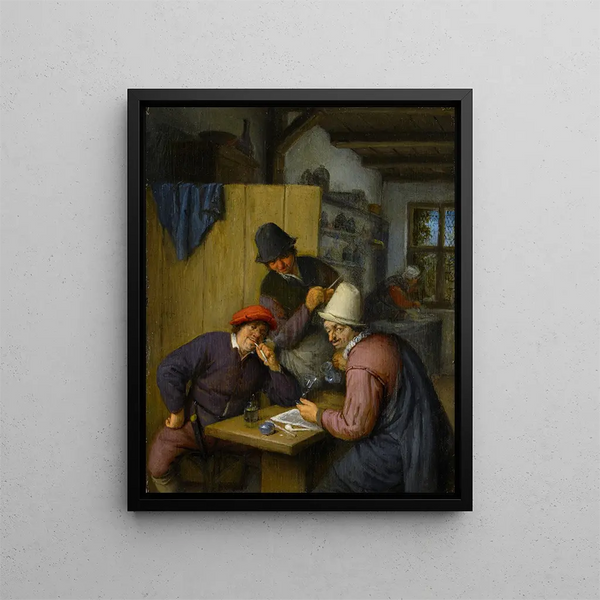 Drei Bauern beim Trinken und Rauchen in einer Taverne - Adriaen van Ostade — gerahmtes Bild an der Wand