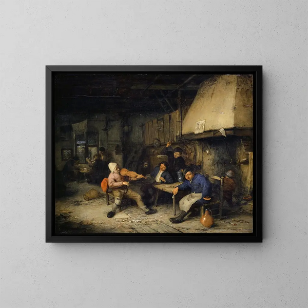 Spieler mit Geige und Bauern, die in einer Taverne trinken II - Adriaen van Ostade — gerahmtes Bild an der Wand