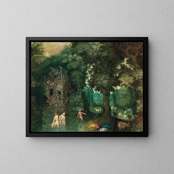 Nymphe, die in einem Wald badet - Adriaen van Stalbemt — gerahmtes Bild an der Wand