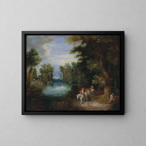 Flusslandschaft mit Bauern - Adriaen van Stalbemt — gerahmtes Bild an der Wand