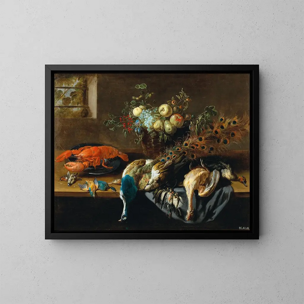 Naturstillleben mit einem Pfau, Früchten, einem Hummer und einem Vogel - Adriaen van Utrecht — gerahmtes Bild an der Wand