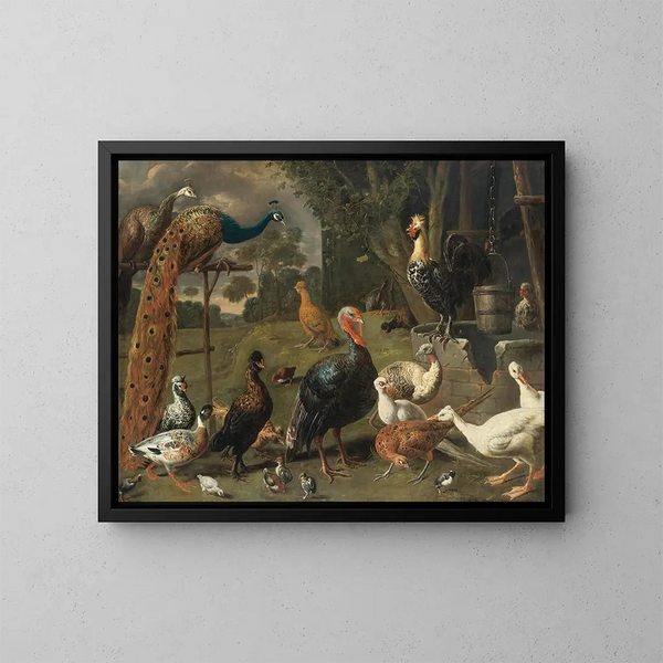 Pfau und Pfauen auf einer Stange, Truthähne, Fasan und Geflügel in der Nähe eines Brunnens - Adriaen van Utrecht — gerahmtes Bild an der Wand