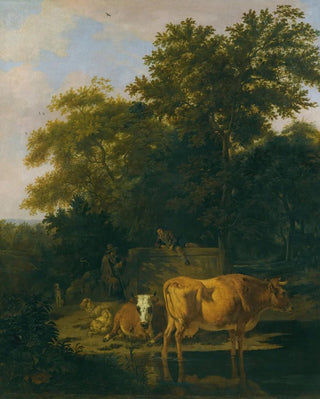 Adriaen van de Velde - A wooded landscape at dusk with two herdsmen a dog sheep and cattle.webp