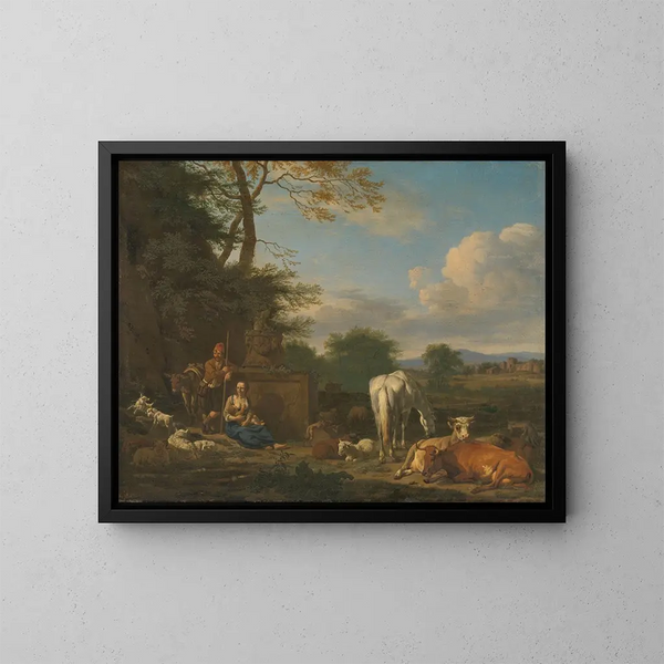 Landschafts-Gemälde mit Hirten und ruhenden Tieren - Adriaen van de Velde — gerahmtes Bild an der Wand