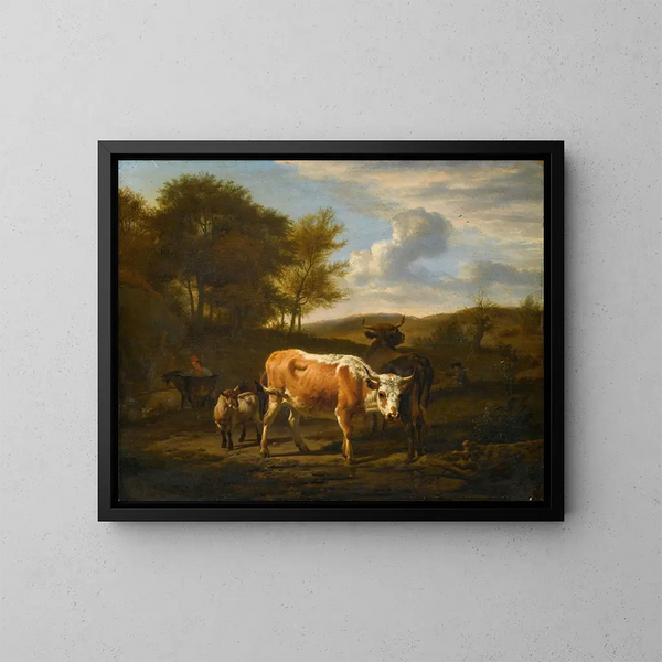 Landschaft mit Bergen und Kühen - Adriaen van de Velde — gerahmtes Bild an der Wand