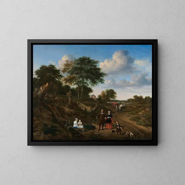 Portrait eines Paares mit zwei Kindern und einer Amme in einer Landschaft - Adriaen van de Velde — gerahmtes Bild an der Wand