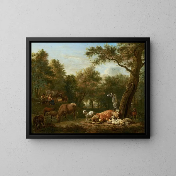 Landschaft mit Weideland und Vieh - Adriaen van de Velde — gerahmtes Bild an der Wand