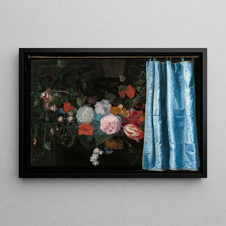 Adriaen van der Spelt - TrompelOeil Still Life with a Flower Garland and a Curtain.webp