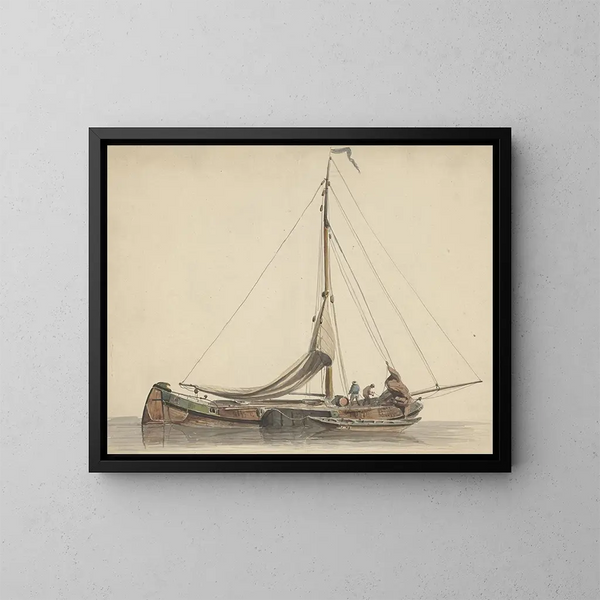 Zwei Männer, die an einem Segelboot mit gespannten Segeln arbeiten - Adrianus Eversen — gerahmtes Bild an der Wand