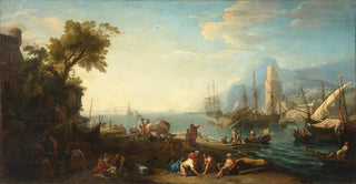 Adrien Manglard - Figures on an estuary with a ship careened in the background.webp
