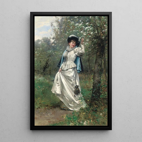 Unter dem Kirschbaum in Blüte - Adrien Moreau — gerahmtes Bild an der Wand