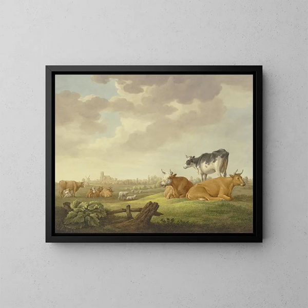 In einer Wiese, Ziegen und Schafe, in der Ferne eine Stadt, links eine Milchfrau - Aelbert Cuyp — gerahmtes Bild an der Wand