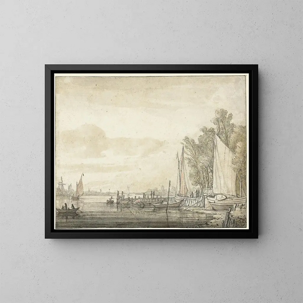 Bateaux au quai dans une rivière - Aelbert Cuyp — gerahmtes Bild an der Wand