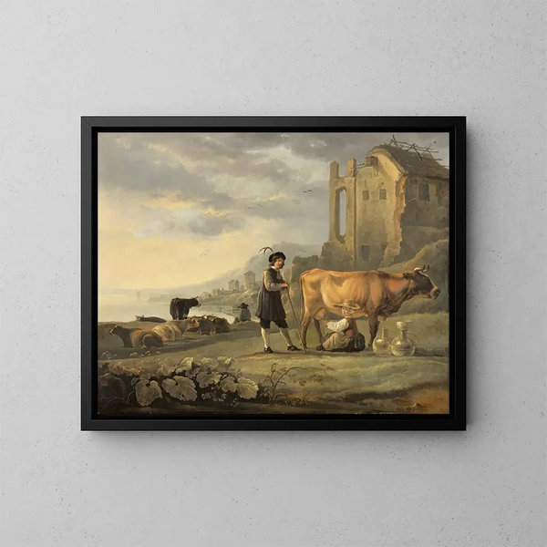 Landschaftsgemälde mit einer Milchbäuerin, die eine Kuh melkt - Aelbert Cuyp — gerahmtes Bild an der Wand