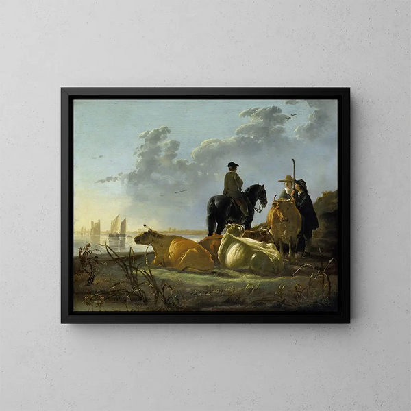Bauern und Vieh am Flussufer des Merwede - Aelbert Cuyp — gerahmtes Bild an der Wand