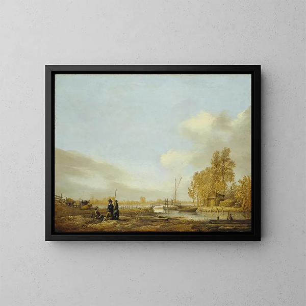Flusslandschaft mit einer Holzbrücke - Aelbert Cuyp — gerahmtes Bild an der Wand