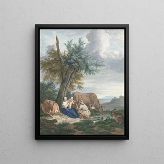 Aert Schouman - Boerin en boer met kind in een landschap met vee.webp