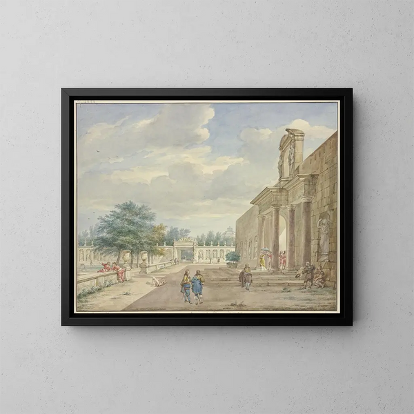 Garten mit Terrasse und prächtigem Tor - Aert Schouman — gerahmtes Bild an der Wand