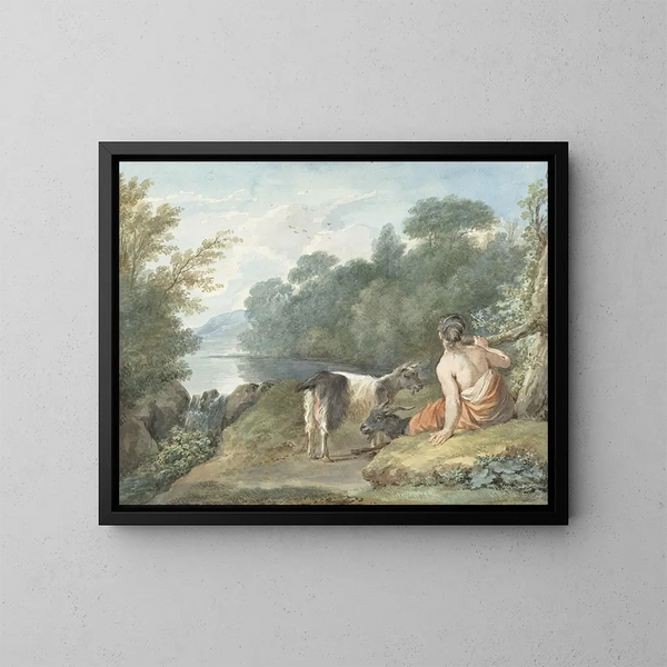 Bergère mit Ziegen in einer Landschaft mit einem See - Aert Schouman — gerahmtes Bild an der Wand