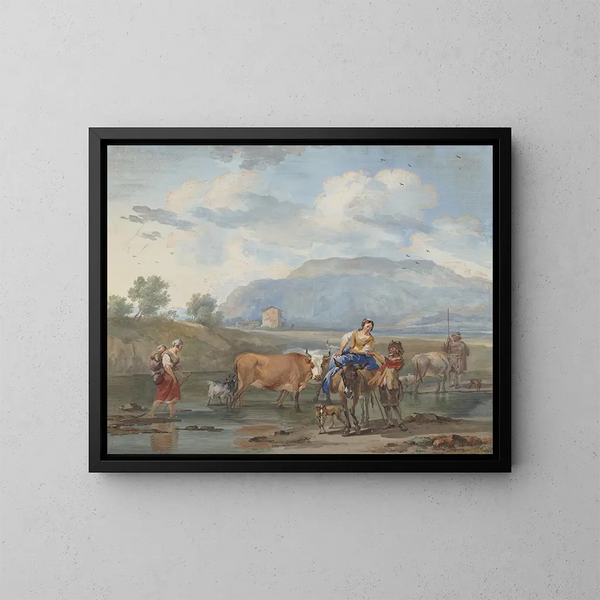 Die Hirten führen Ziegen durch Wasser, links trägt eine Frau ihr Kind auf dem Rücken, rechts reitet eine andere einen Esel. - Aert Schouman — gerahmtes Bild an der Wand