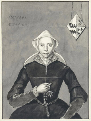 Aert Schouman - Portret van een vrouw met het wapen Van SlingelandtBrouwer.webp