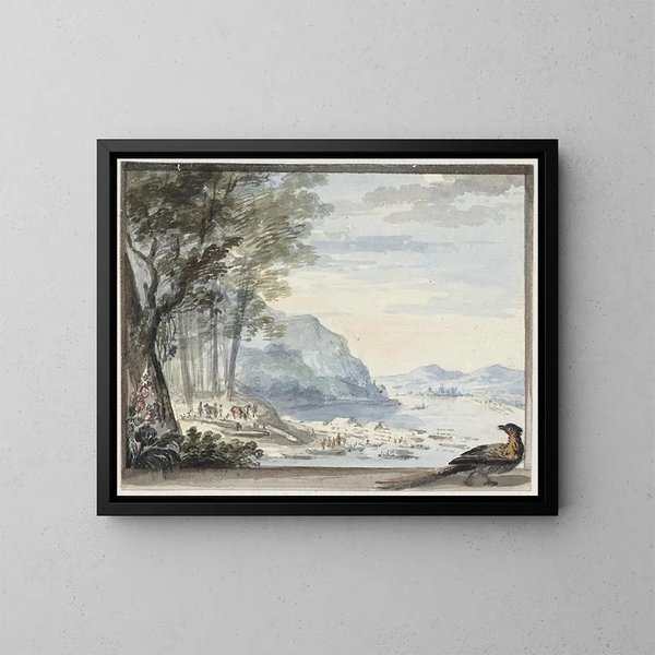 Flusslandschaft mit einem Hahn im Vordergrund - Aert Schouman — gerahmtes Bild an der Wand