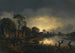 Flusslandschaft bei Dämmerung mit Figuren, die entlang eines Weges zu einem Dorf auf der linken Seite gehen, eine Kirche in der Ferne - Aert van der Neer — Ansicht des Kunstwerks