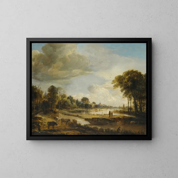 Ein Flusslandschaft mit Figuren und Vieh - Aert van der Neer — gerahmtes Bild an der Wand