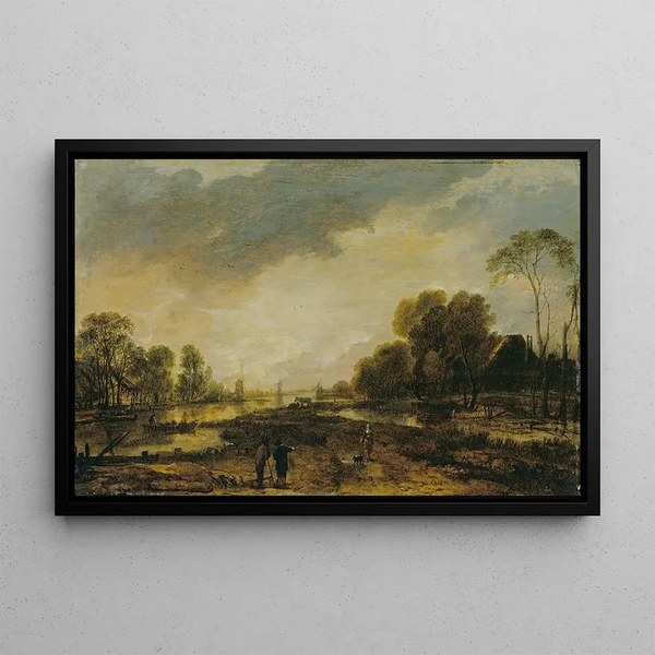 Flusslandschaftsszene, Abend - Aert van der Neer — gerahmtes Bild an der Wand