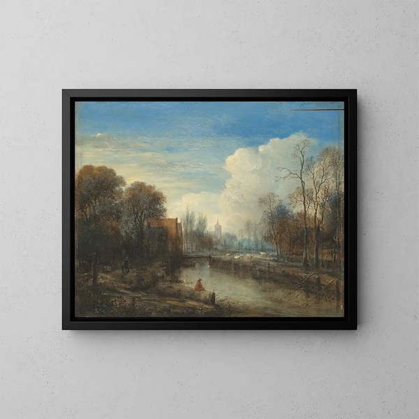 Ein Flusslandschaft mit einem Fischer und Schafen am Ufer - Aert van der Neer — gerahmtes Bild an der Wand