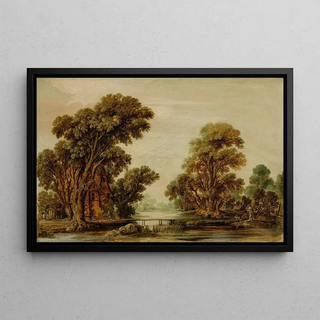 Aert van der Neer - A wooded river landscape with figures and a cottage near a footbridge.webp