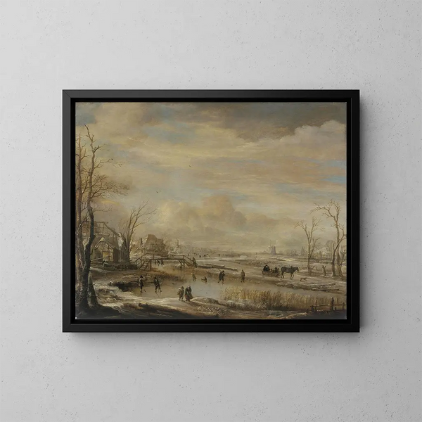 Fluss gefroren mit einer Fußgängerbrücke - Aert van der Neer — gerahmtes Bild an der Wand