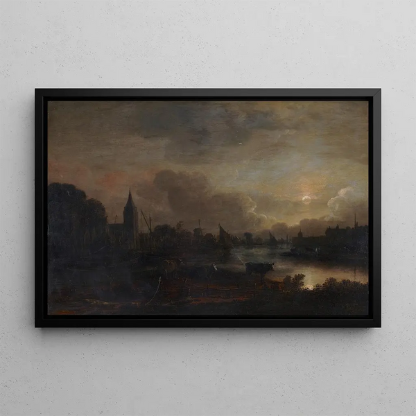Landschaftsgemälde bei Mondschein - Aert van der Neer — gerahmtes Bild an der Wand