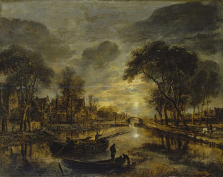 nächtliche Kanal-Landschaft mit Fischerbooten - Aert van der Neer — Ansicht des Kunstwerks