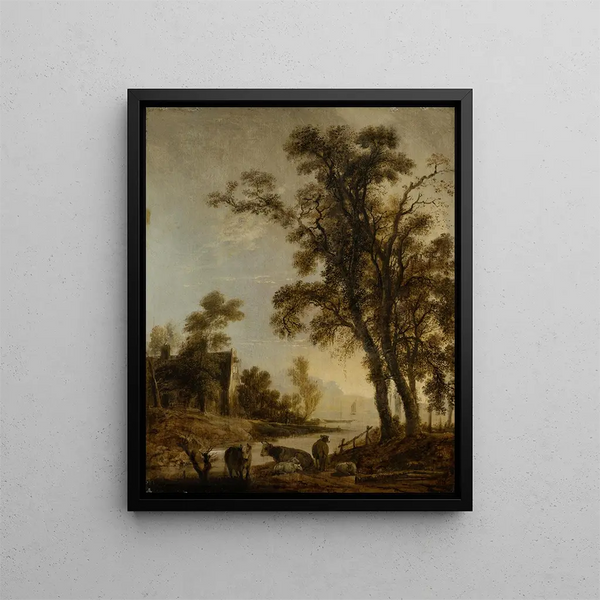 Flussufer mit Vieh - Aert van der Neer — gerahmtes Bild an der Wand