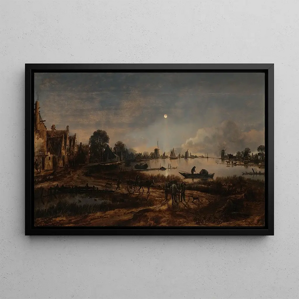 Ansicht des Flusses im Mondschein - Aert van der Neer — gerahmtes Bild an der Wand