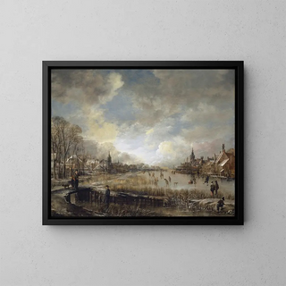 Aert van der Neer - Two Towns on a Frozen River with Golf Players and Ice Skaters.webp