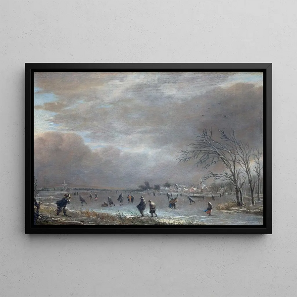 Winterlandschaft mit Schlittschuhläufern auf einem gefrorenen Fluss - Aert van der Neer — gerahmtes Bild an der Wand