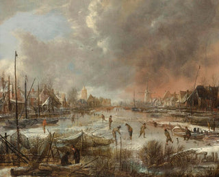 Aert van der Neer - Winter landscape with sportsmen on a frozen river.webp