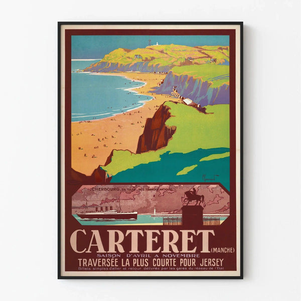 Affiche Carteret vintage – Plage de la Manche et traversée pour Jersey