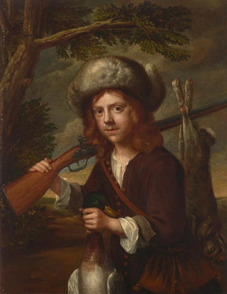 After Wallerant Vaillant - A young hunter in a fur cap with a rifle mallard and hare.webp