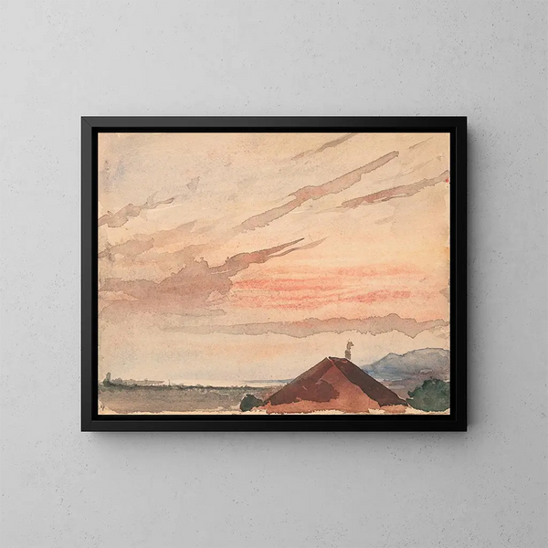 Aussicht auf ein Hausdach in Richtung Nordosten des Neuenburgersees bei Sonnenuntergang - Albert Anker — gerahmtes Bild an der Wand