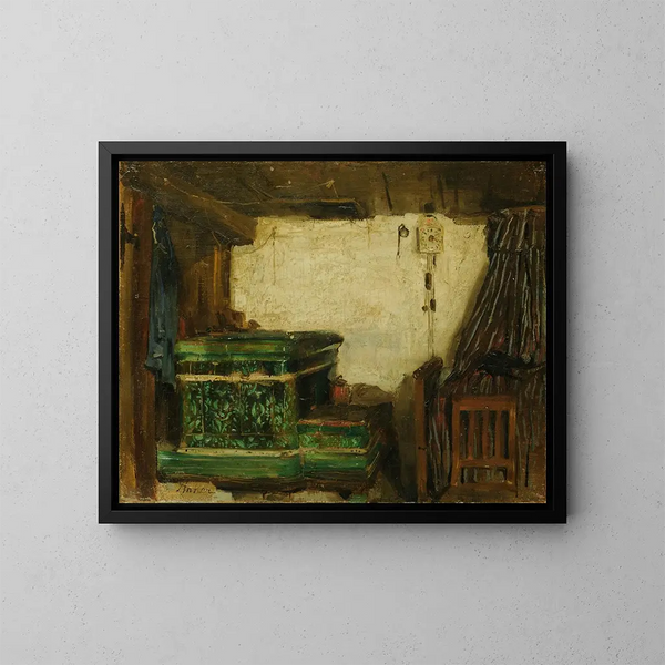 Ecke eines Zimmers mit Kachelofen - Albert Anker — gerahmtes Bild an der Wand