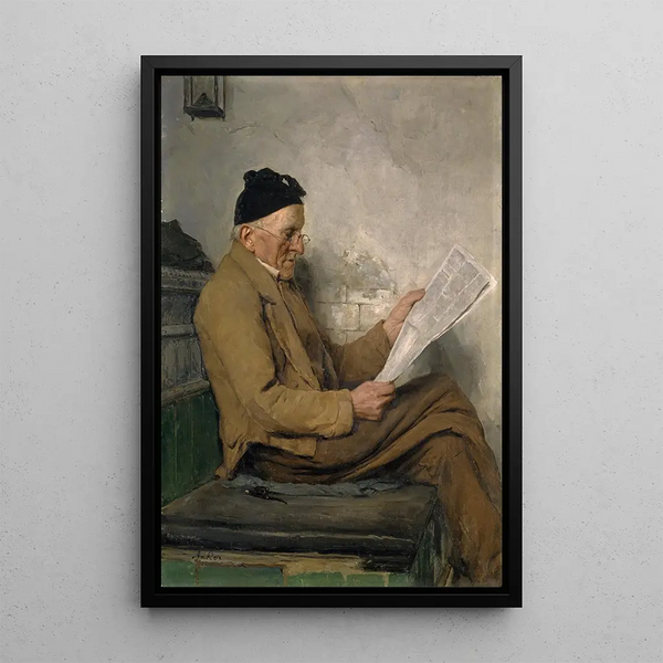 Bauern-Gemälde mit Lesender auf der Bank vor dem Ofen - Albert Anker — gerahmtes Bild an der Wand