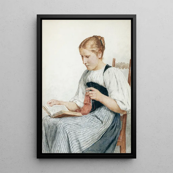 Reproduktion des Gemäldes Mädchen strickend und lesend - Albert Anker