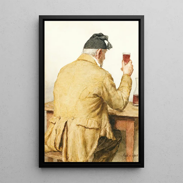 Alter Mann sitzt an einem Tisch, von hinten gesehen - Albert Anker — gerahmtes Bild an der Wand