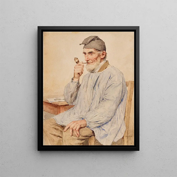 Bauern-Gemälde sitzend mit einer Pfeife - Albert Anker — gerahmtes Bild an der Wand