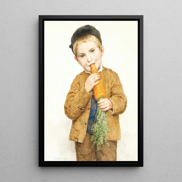 Der kleine Junge mit der großen Karotte - Albert Anker — gerahmtes Bild an der Wand
